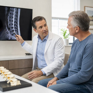 A pain-management physician reviewing spinal imaging with a patient in a modern consultation room. 