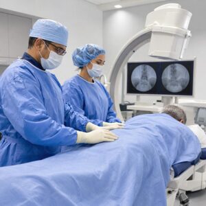 A clean, reassuring interventional pain procedure room, with a physician treating a patient’s lower back.