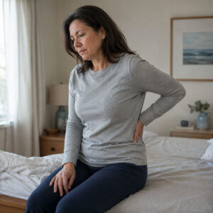 A person sitting on the edge of the bed in the morning, gently holding their lower back or neck. The expression should suggest persistent discomfort without looking dramatic or like an emergency.