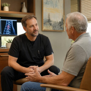 Pain management physician listening to an older patient during a private consultation in Rogers, AR.