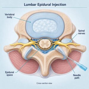 Cross-section illustration showing the location of a lumbar epidural injection near the spinal nerves.
