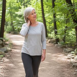 Older woman touching her neck while walking along a peaceful wooded trail.