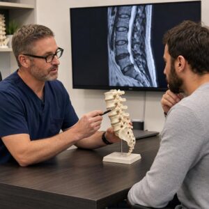 Interventional physician reviews a lumbar fluoroscopy image during Pain Awareness Month while operating the imaging controls.