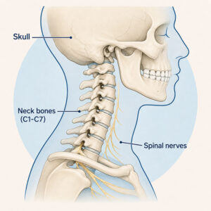 Annotated side-view illustration identifying the skull, cervical vertebrae C1 through C7, and spinal nerves.