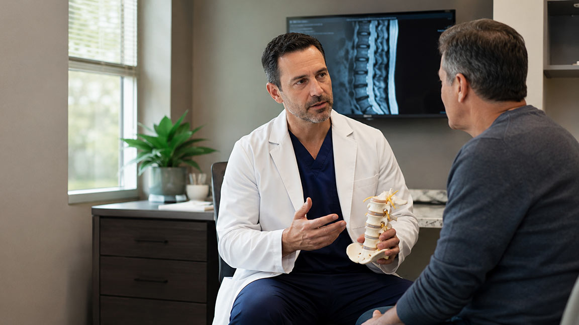 Pain specialist discusses interventional treatment options with a patient while holding a spine model.